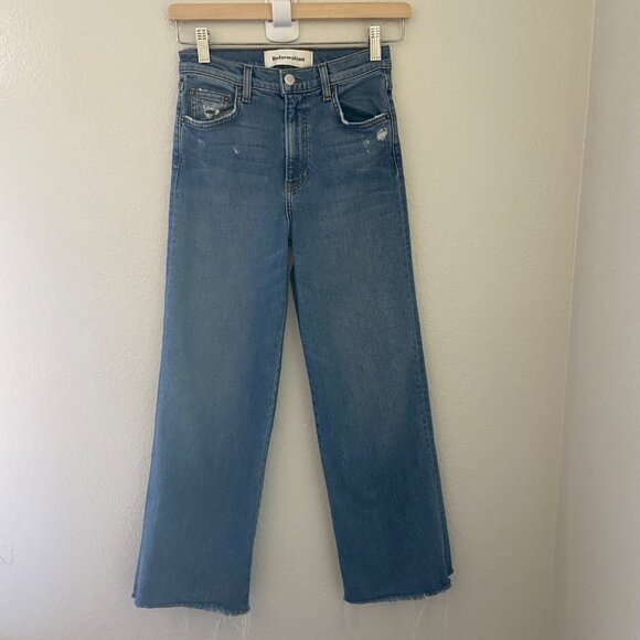 Reformation Stretch Flood Jeans Straight Leg Medium Wash Catalina Raw Hem 24 - Picture 2 of 6